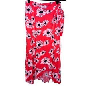 Conversations by Anthropologie Rayon Skirt Wrap Red Floral Hi Low Daisies
